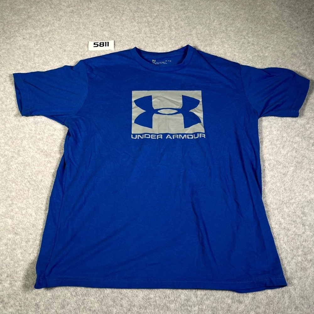 Under Armour T Shirt Mens Large Blue Short Sleeve Graphic Logo HeatGear Loose